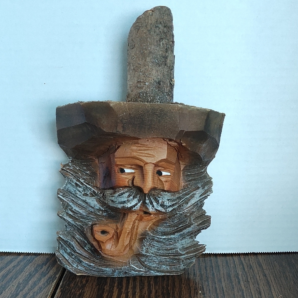 Spirit Wood Vintage Hand Carved Wooden Art with Rustic Brown and Gray Tones